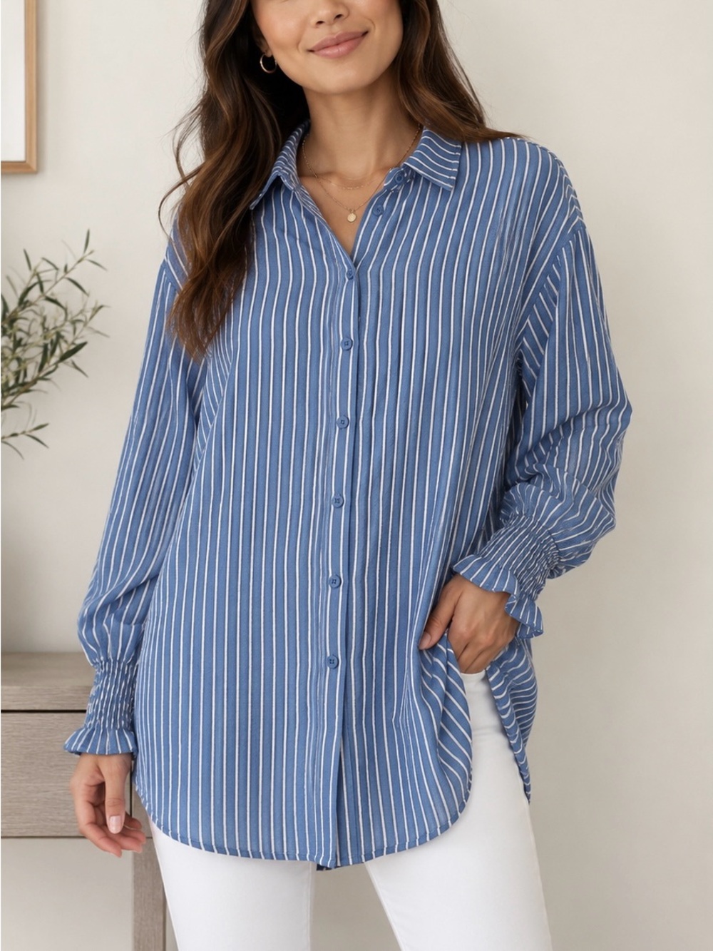 Gleeivy Striped Button Front Long Sleeve Smocked Cuff Tunic Blouse